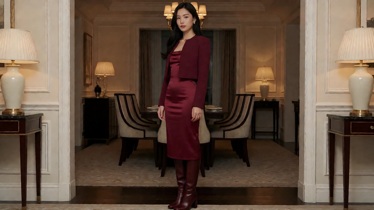 人妻角色主题图：成年女郎穿酒红长裙站在暖光客厅